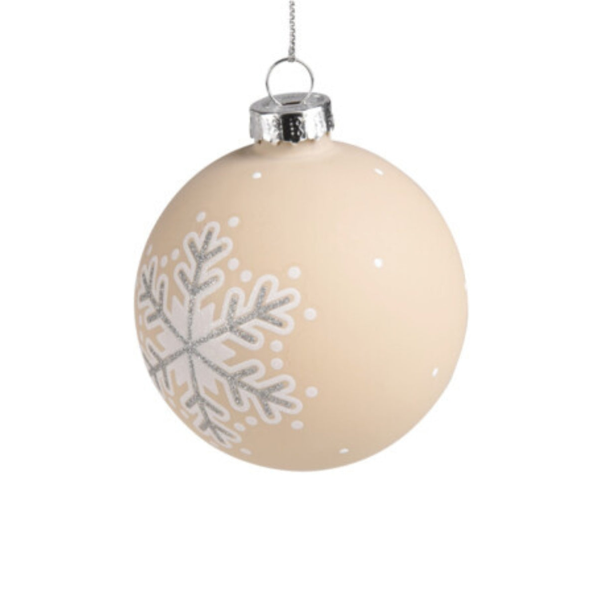 Set 12 globuri din sticla, albe, crem si auriu-platinat, cu fulgi, 8 cm