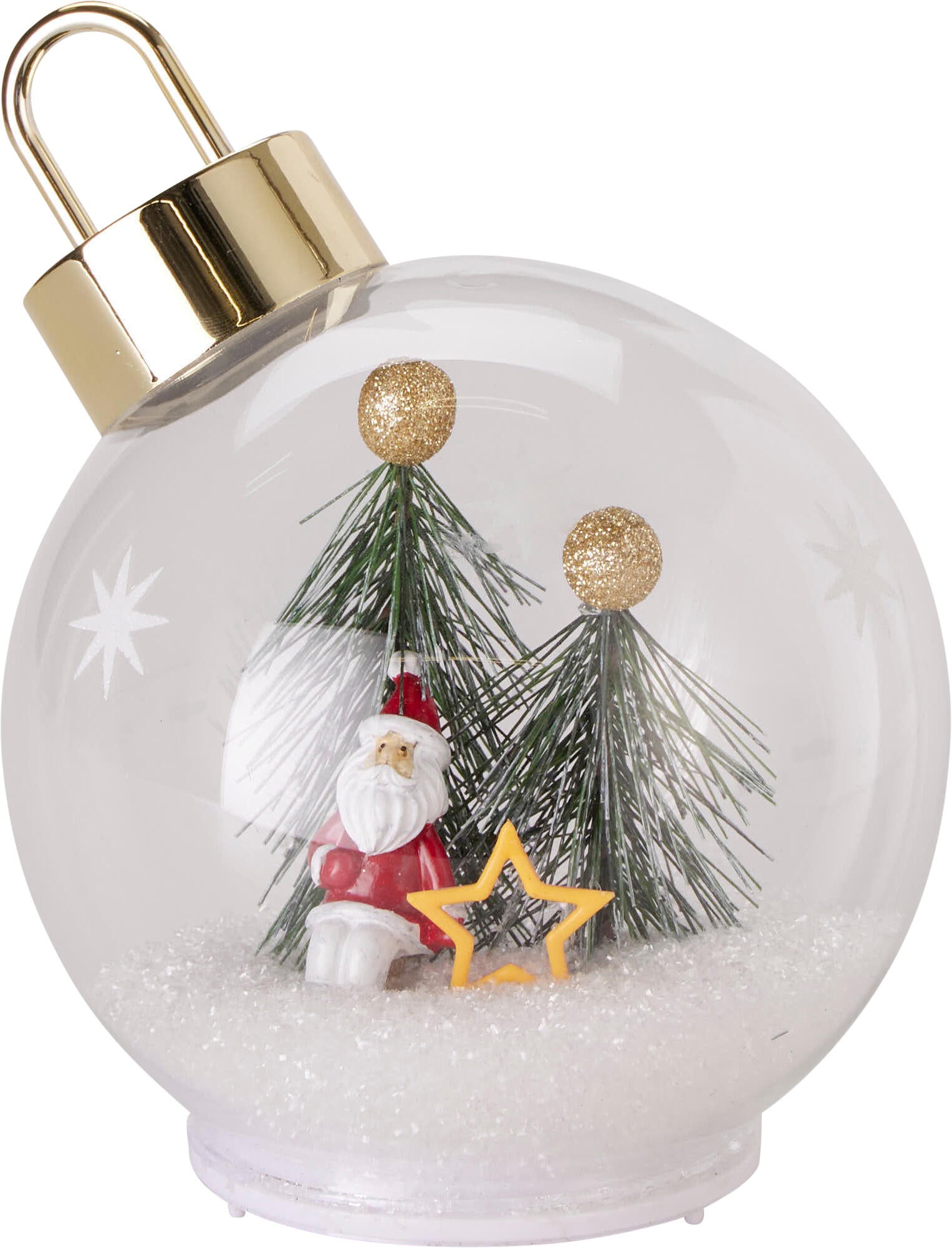 Glob de sticla cu Mos Craciun si stea iluminat cu LED pe suport decorativ