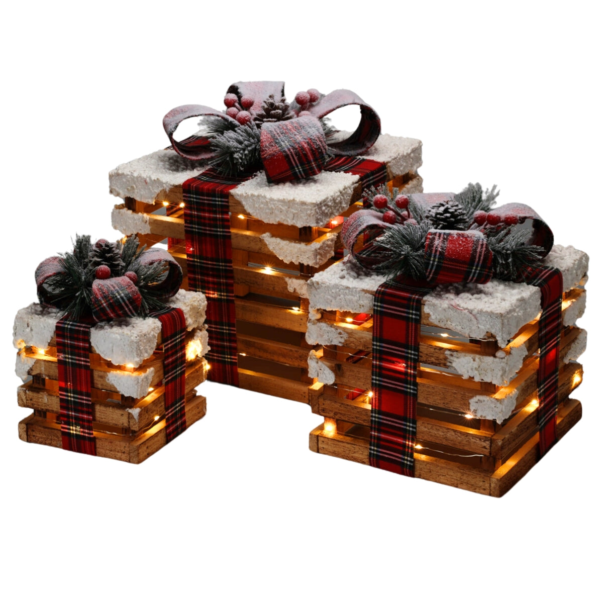 Set trei cutii de cadou decorative din lemn iluminate cu leduri de dimensiuni diferite pentru Craciun