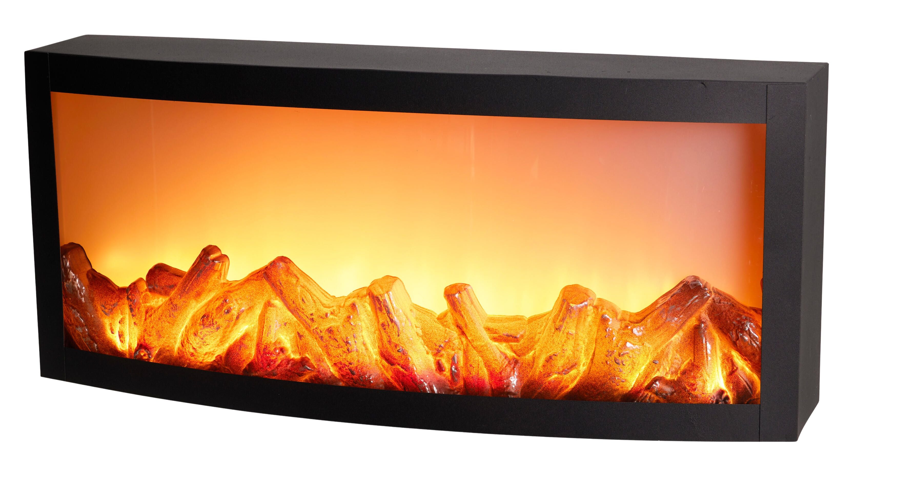 Semineu decorativ negru cu flacari LED si ecran curbat pe un fundal neutru