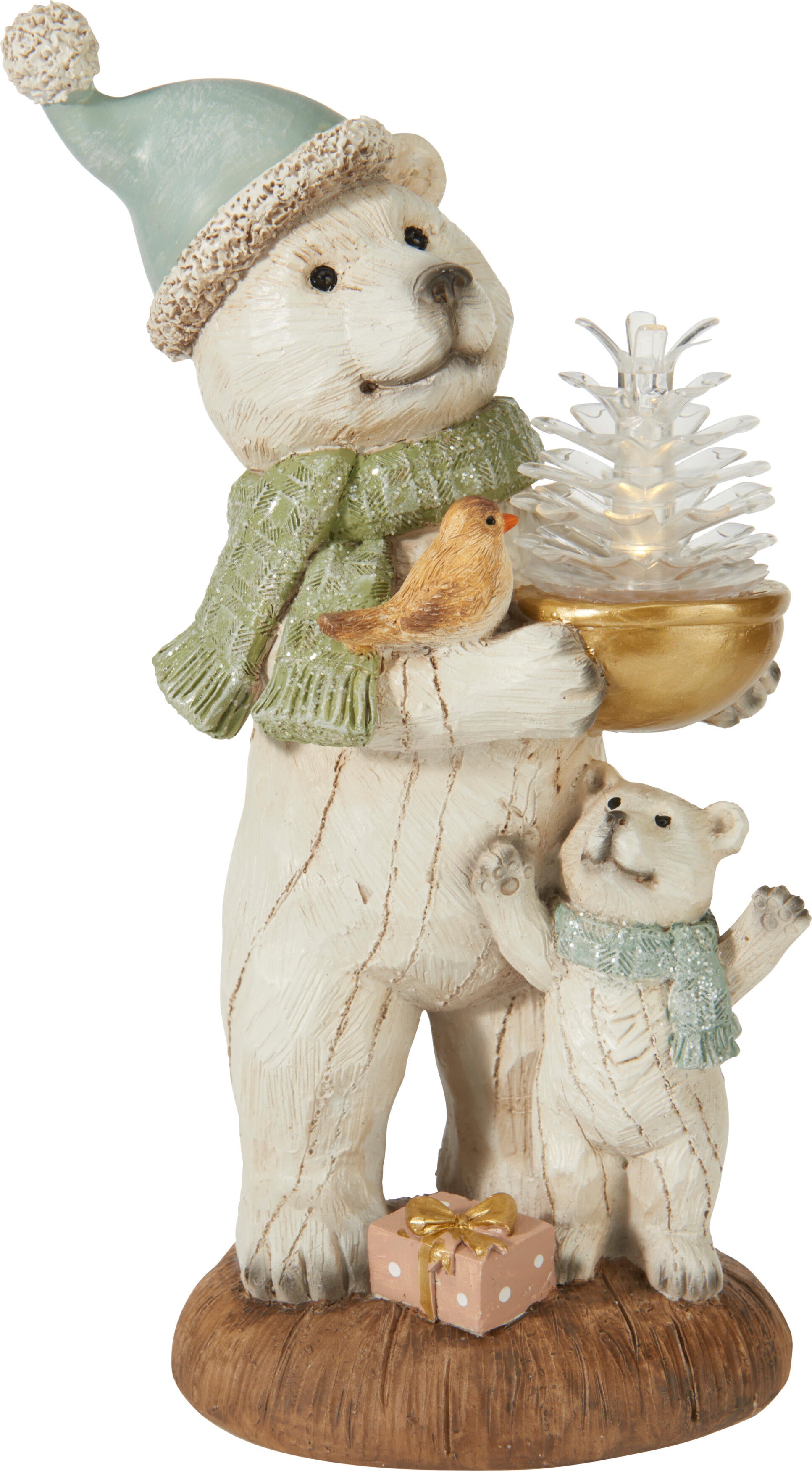 figurina urs polar cu bradut si lumini led pentru decoratiuni de craciun