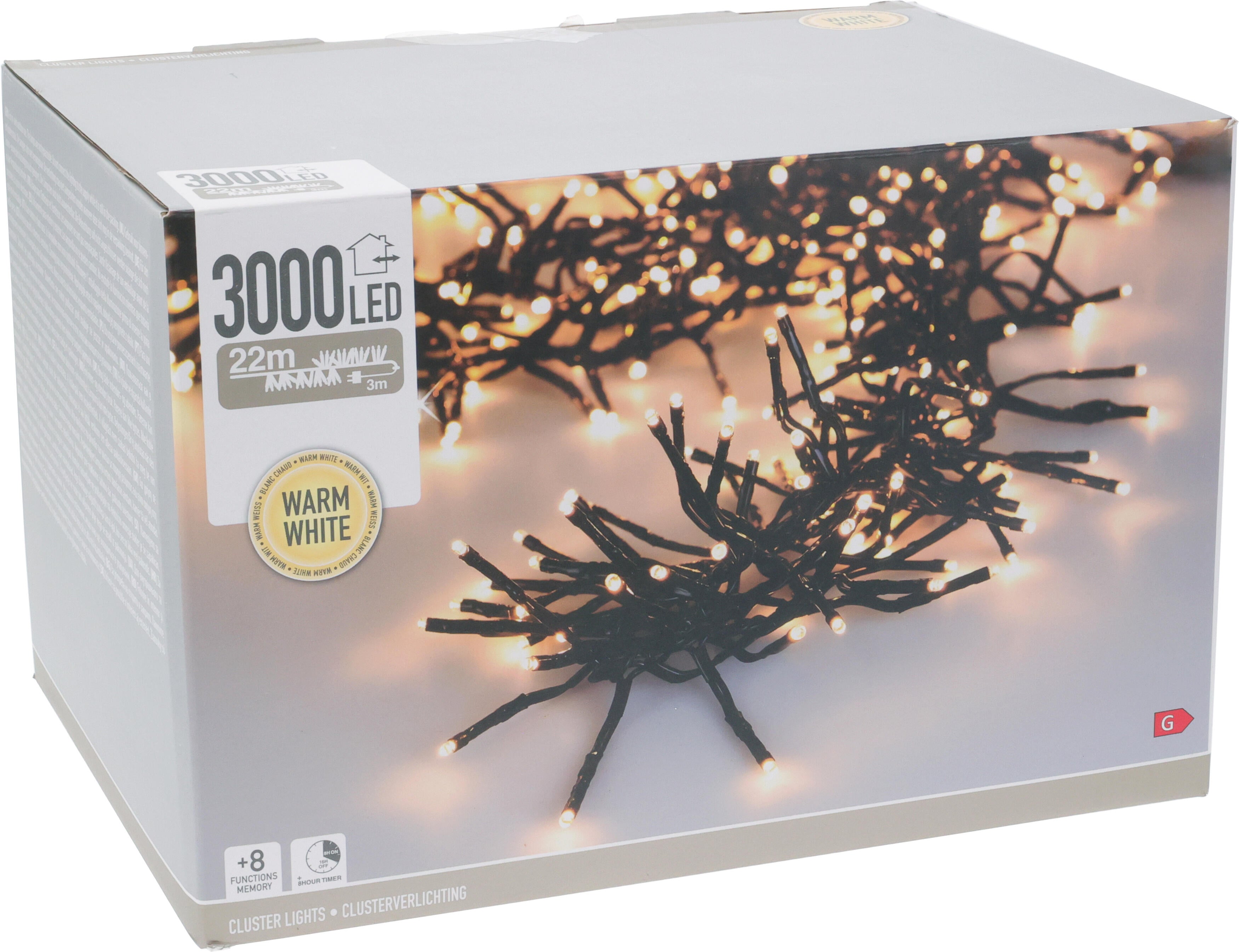 Instalatie luminoasa tip cluster cu 3000 leduri alb cald pe fir negru pentru exterior