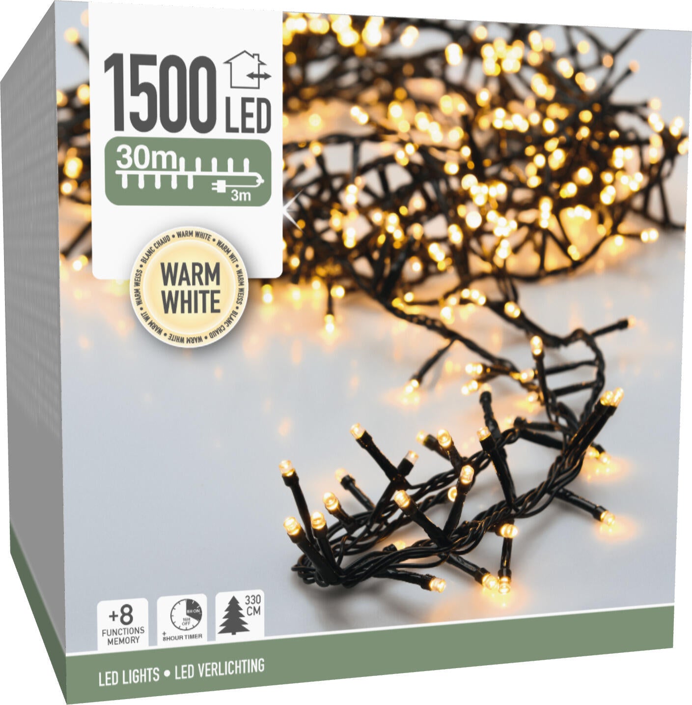 Instalatie luminoasa cu 1500 leduri alb cald pe fir verde de 30 metri lungime