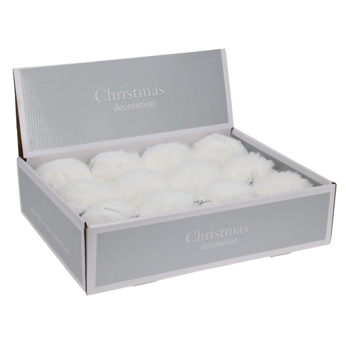 Set douasprezece globuri de Craciun din blanita artificiala alba cu diametrul de zece centimetri