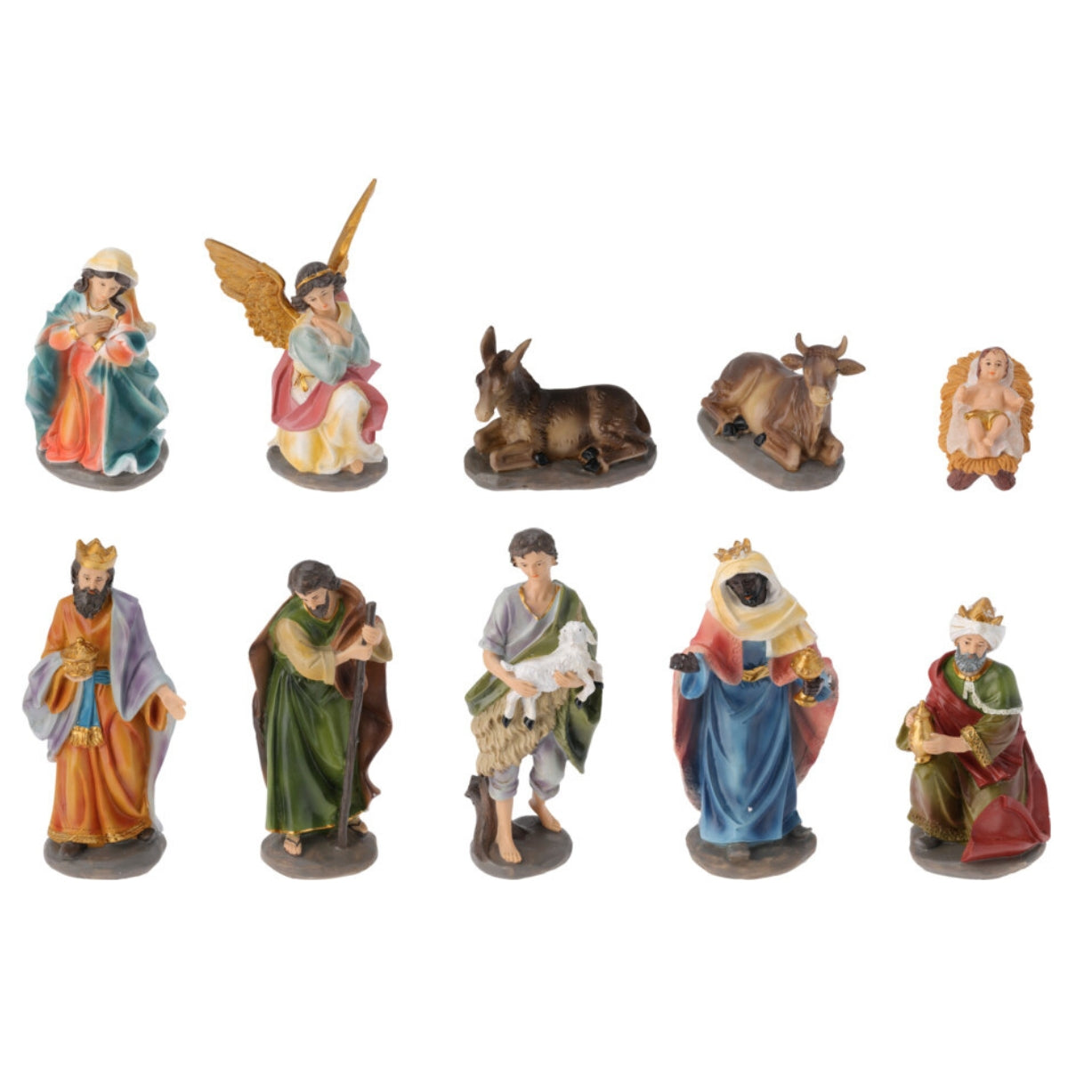 Set zece figurine din polirasina reprezentand scena Nasterii Domnului cu inaltimea de nouasprezece centimetri pentru decorul de Craciun