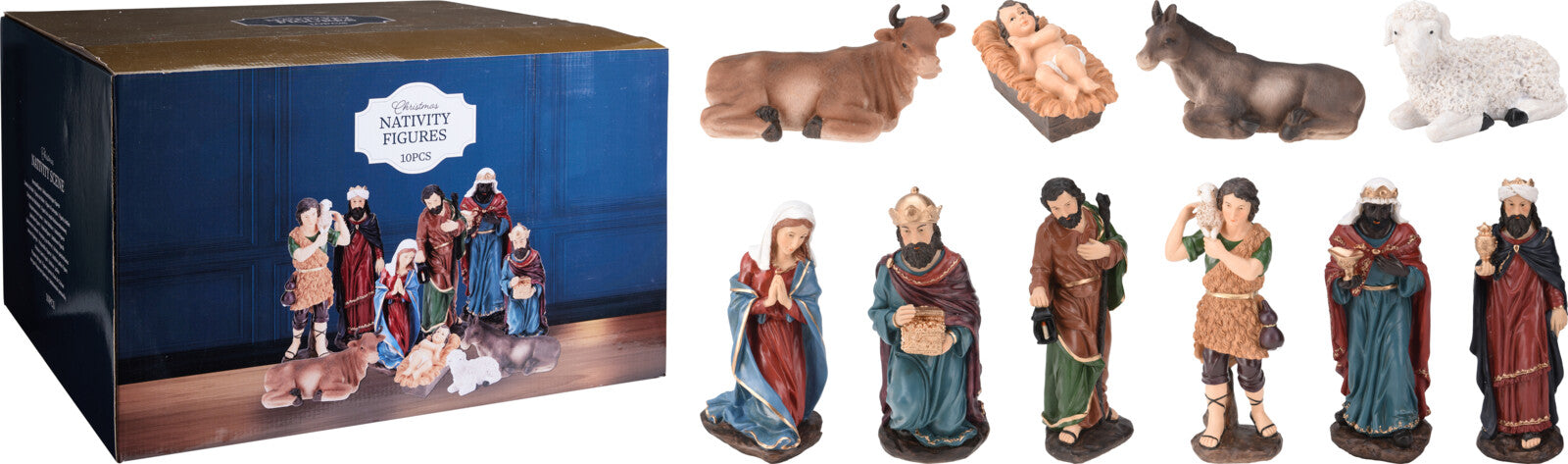 Set 10 figurine scena Nasterii Domnului pictate manual din polystone pe fundal neutru