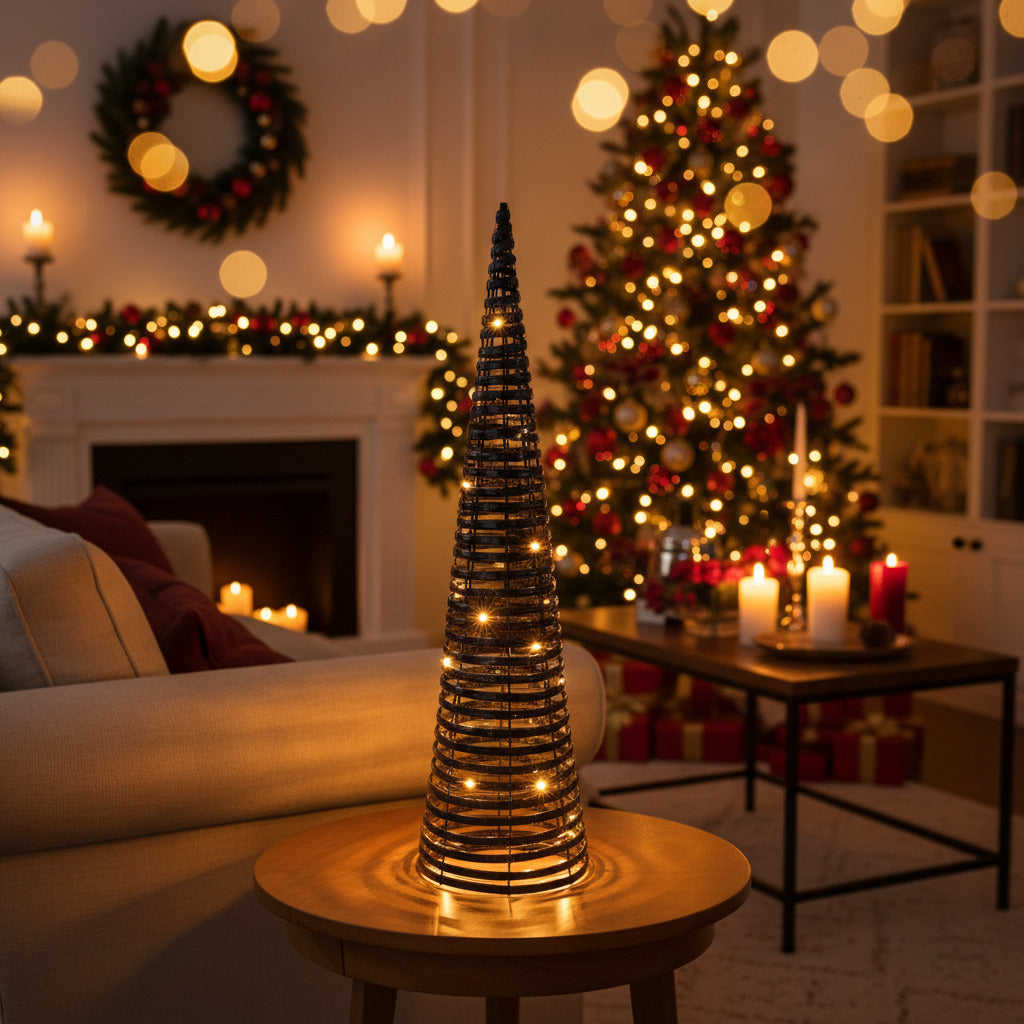 Decoratiune Craciun con negru metalic, iluminat cu led, 60 cm