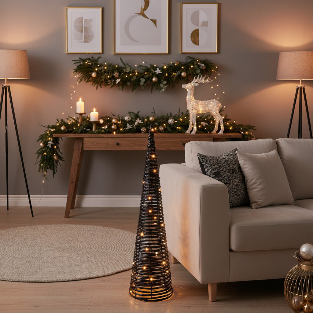 Decoratiune Craciun con negru metalic, iluminat cu led, 80 cm