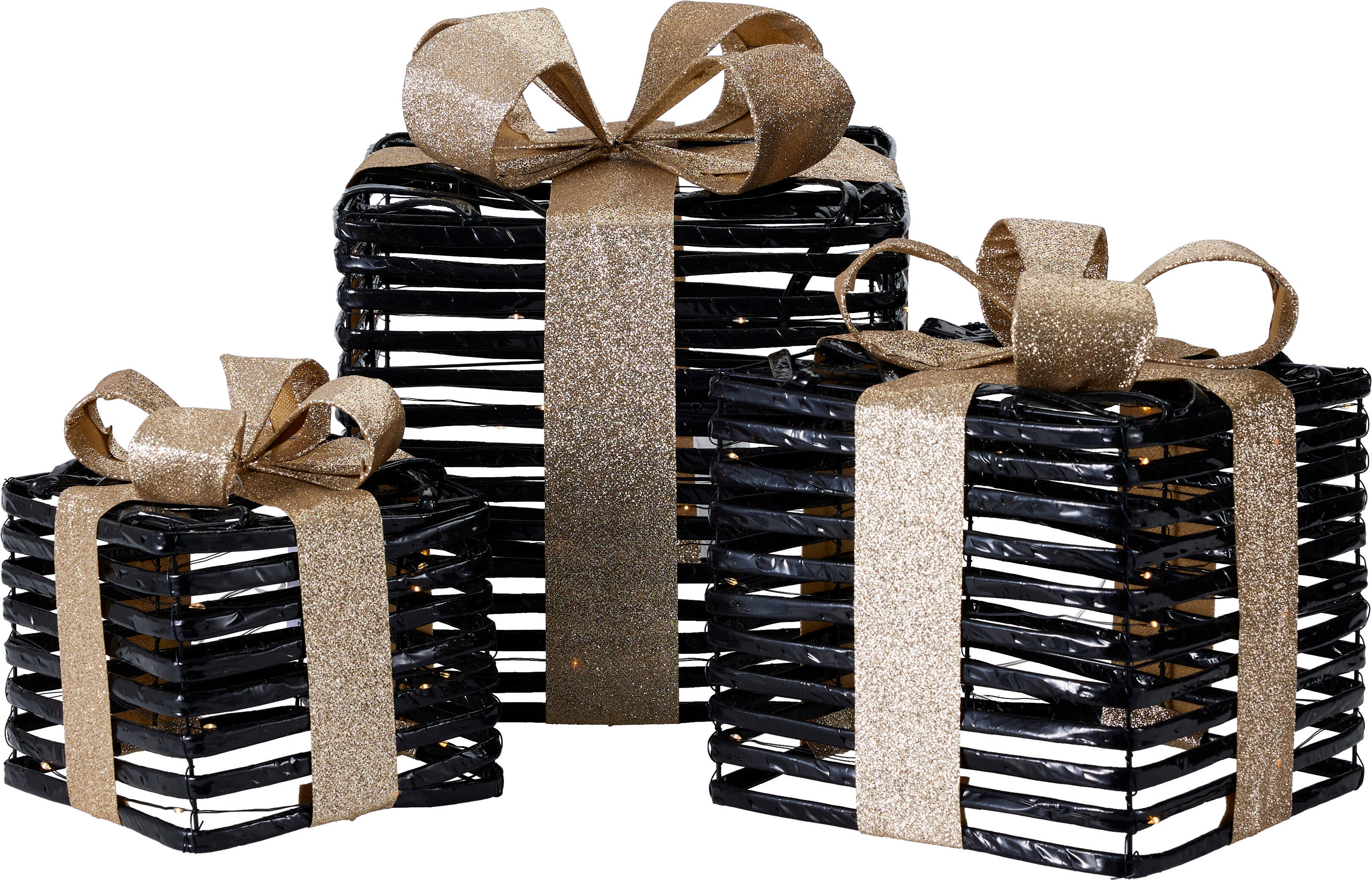 Set trei cutii cadou metalice iluminate cu leduri pentru decoratiuni de Craciun