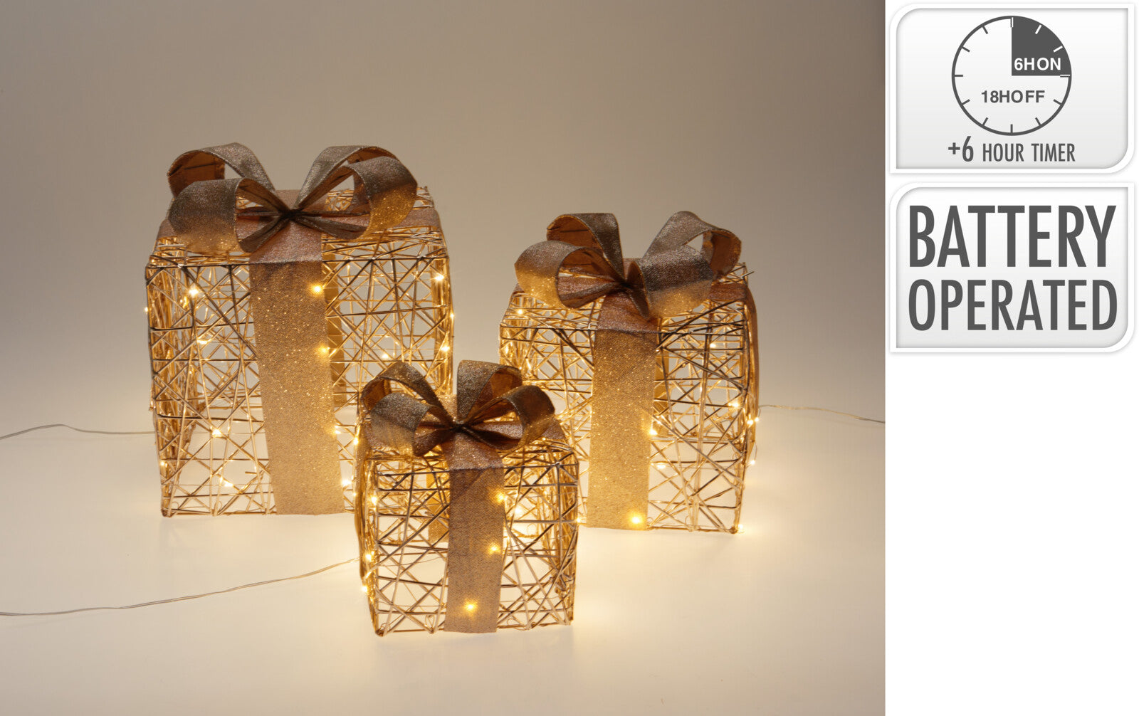 Set 3 decoratiuni luminoase, cutii cadouri, 30 cm
