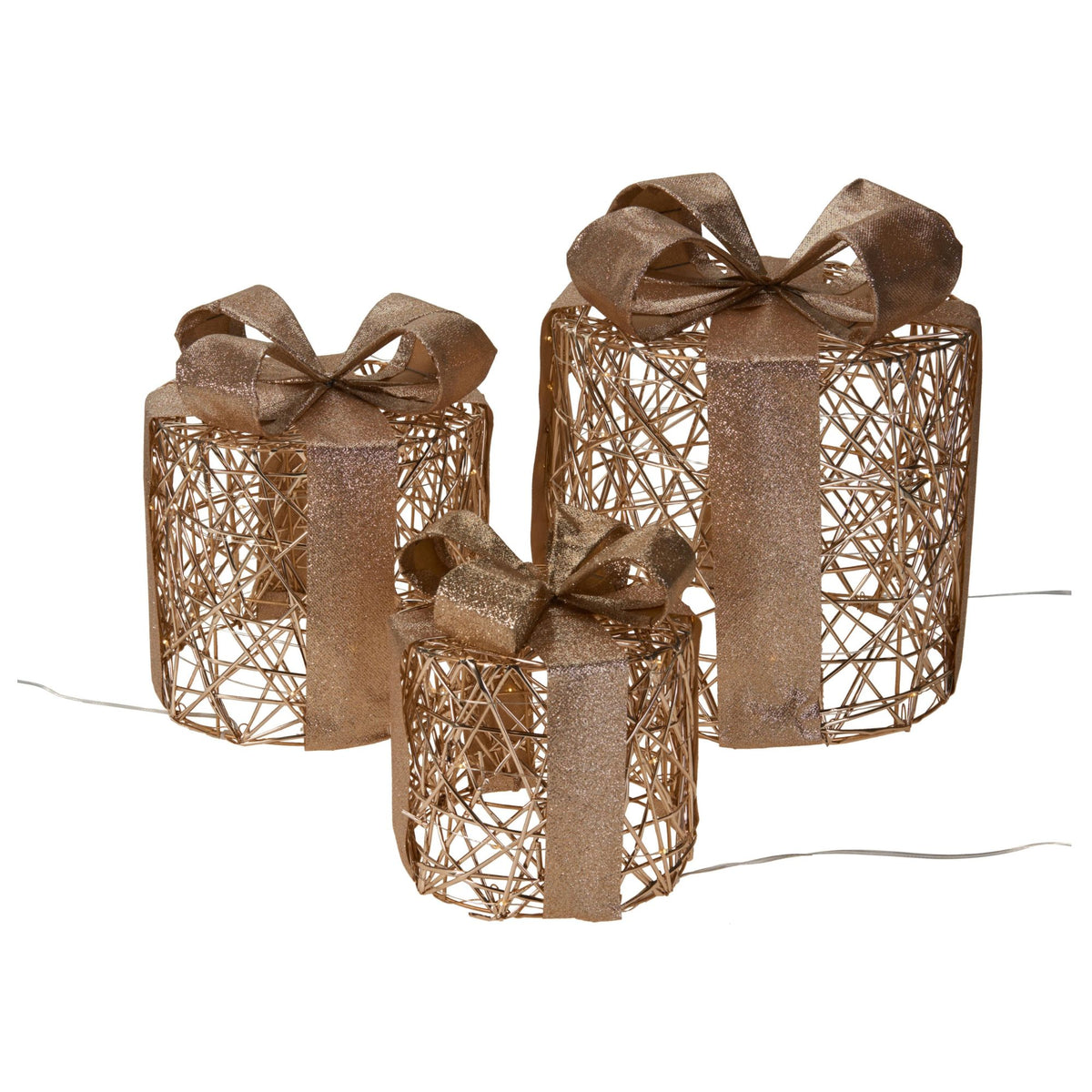 Set 3 decoratiuni luminoase, cutii cadouri rotunde, 30 cm