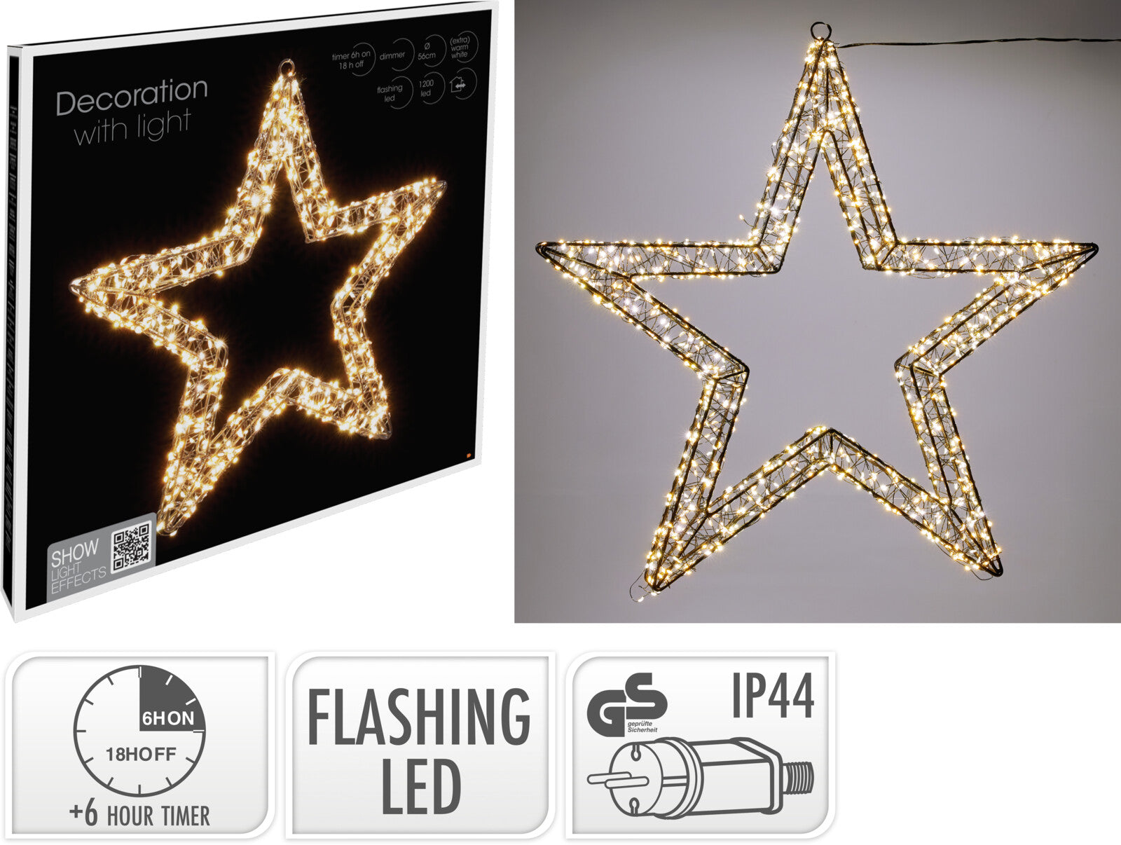 Decoratiune luminoasa stea cu 1200 leduri, 56 cm