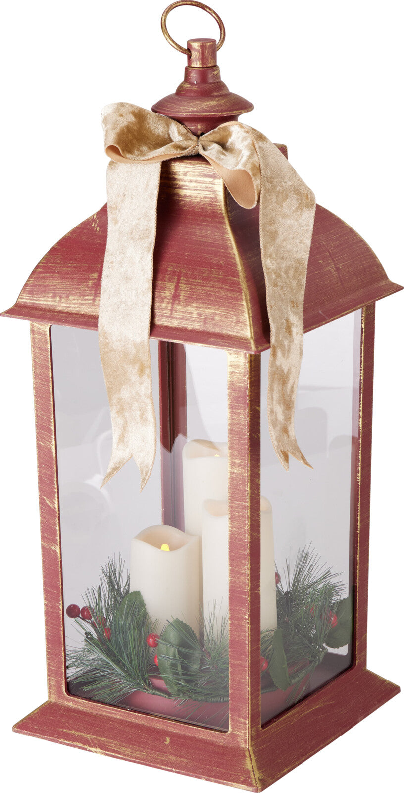 felinar decorativ rosu cu lumanari si fundita aurie pentru interior