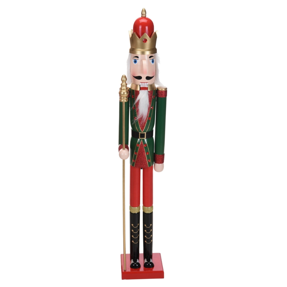Spargator de nuci traditional din lemn in culori rosu verde si auriu cu inaltimea de 106 centimetri pentru decorul de Craciun