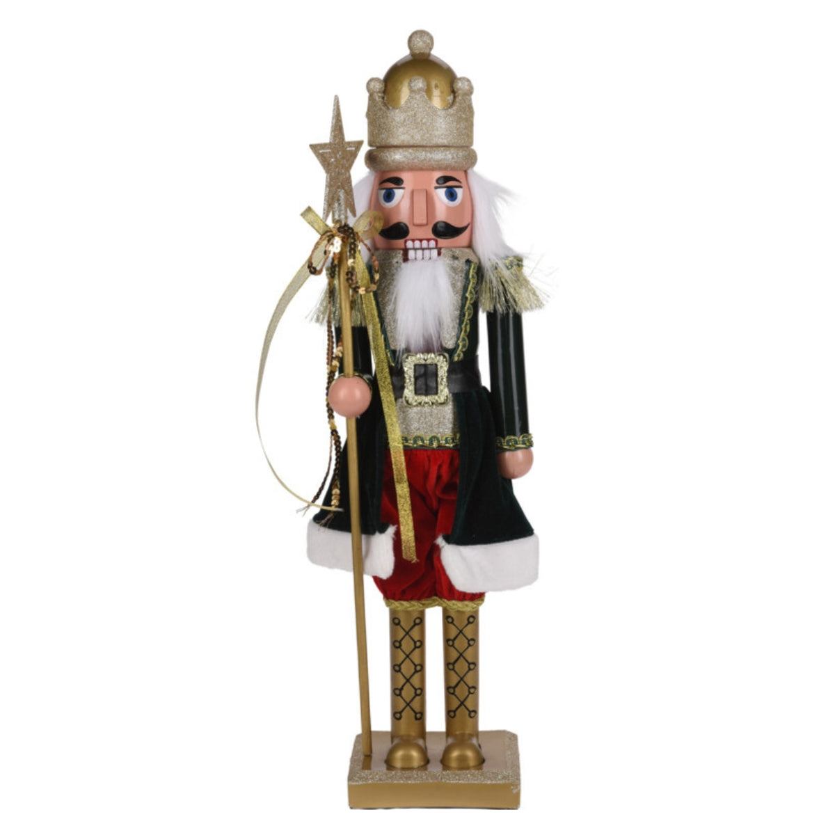 Figurina decorativa de Craciun spargator de nuci rege cu stea din plastic inaltime treizeci si opt centimetri