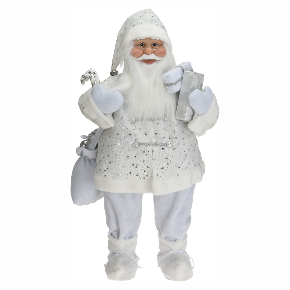 Decoratiune Mos Craciun in costum alb 80 cm