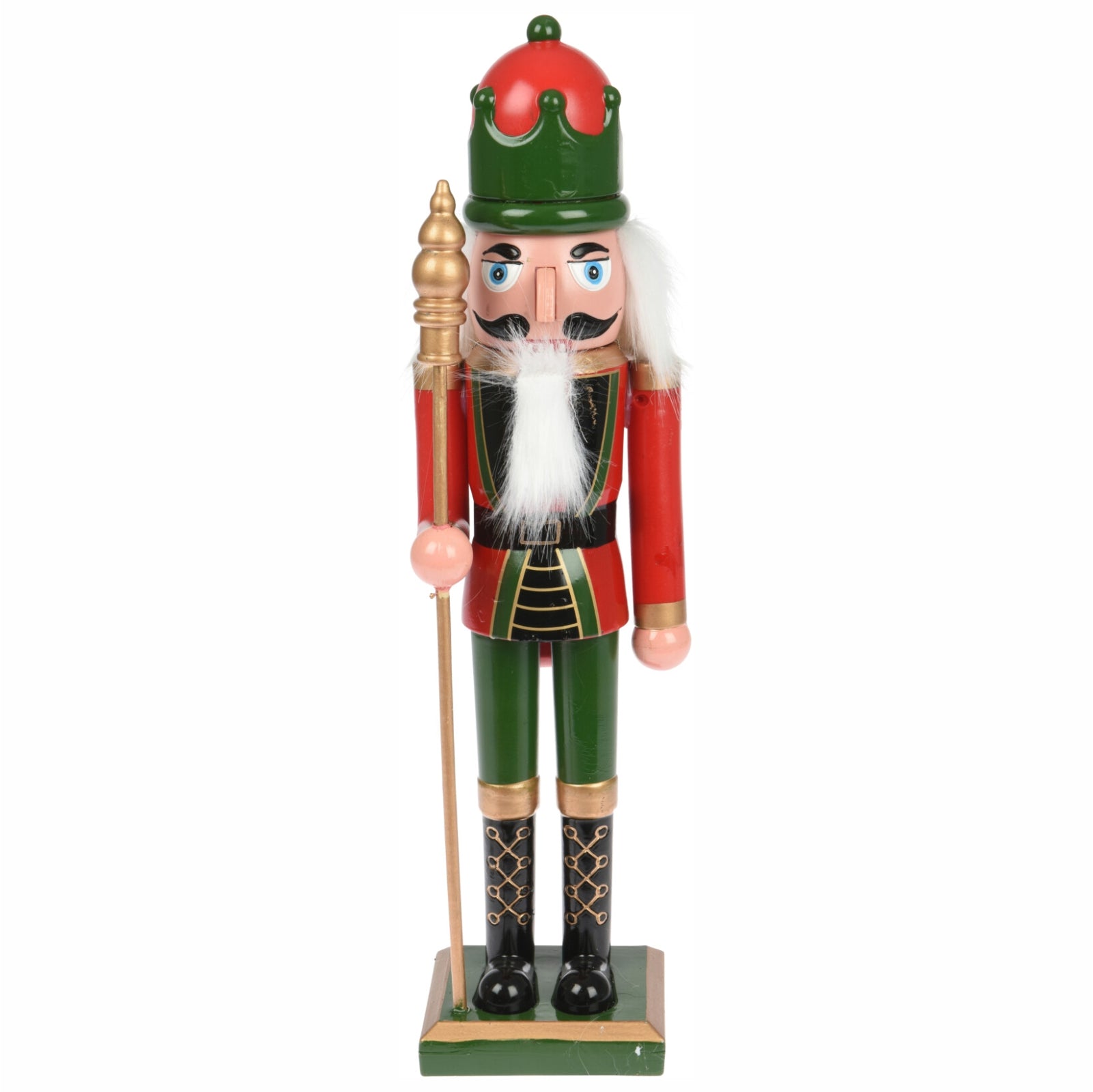 Figurina decorativa spargator de nuci model rege imbracat in haine rosii si verzi din plastic cu inaltimea de treizeci si opt centimetri
