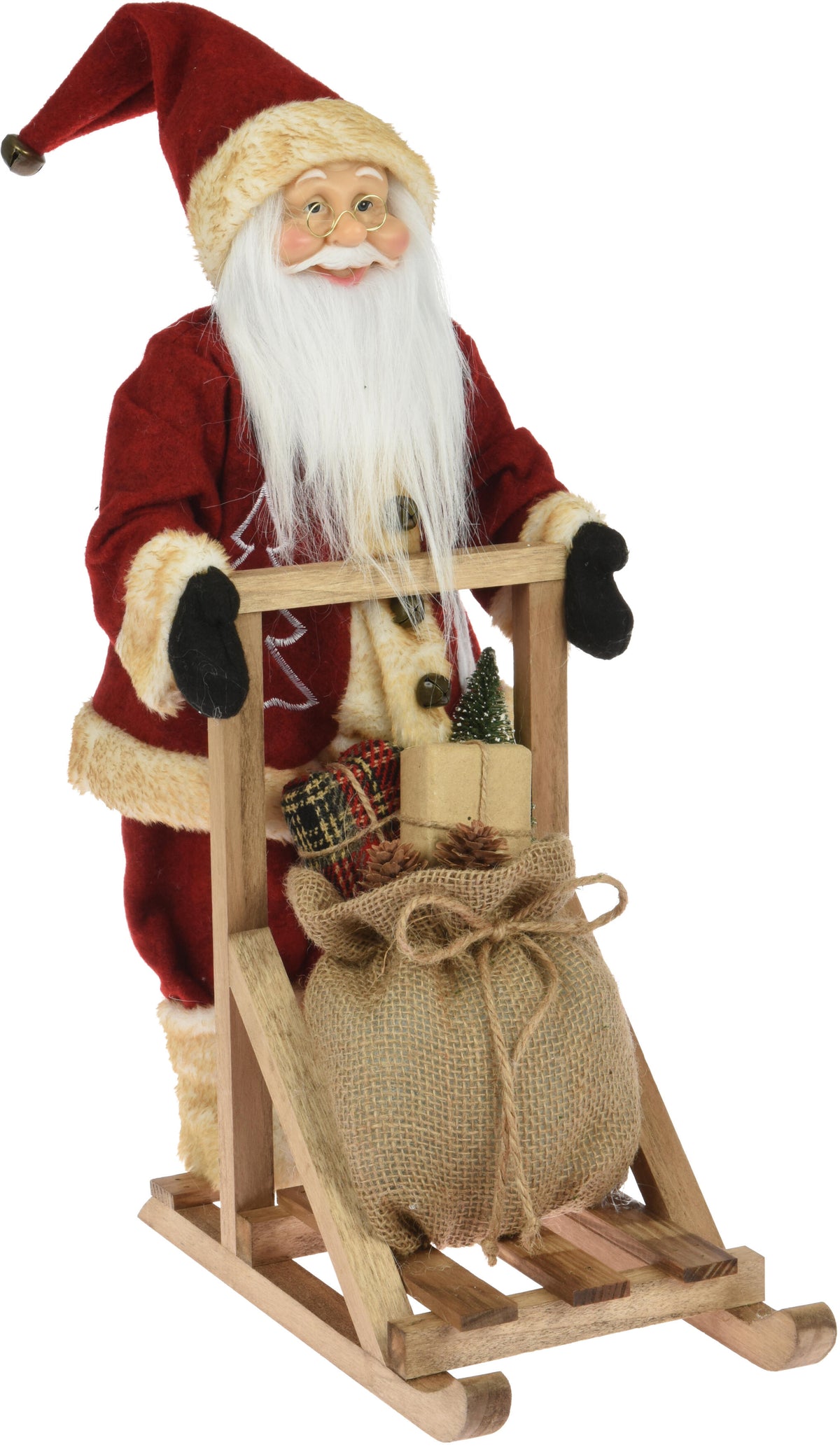 Figurina Mos Craciun cu sac de cadouri pe sanie din lemn decoratiune de Craciun