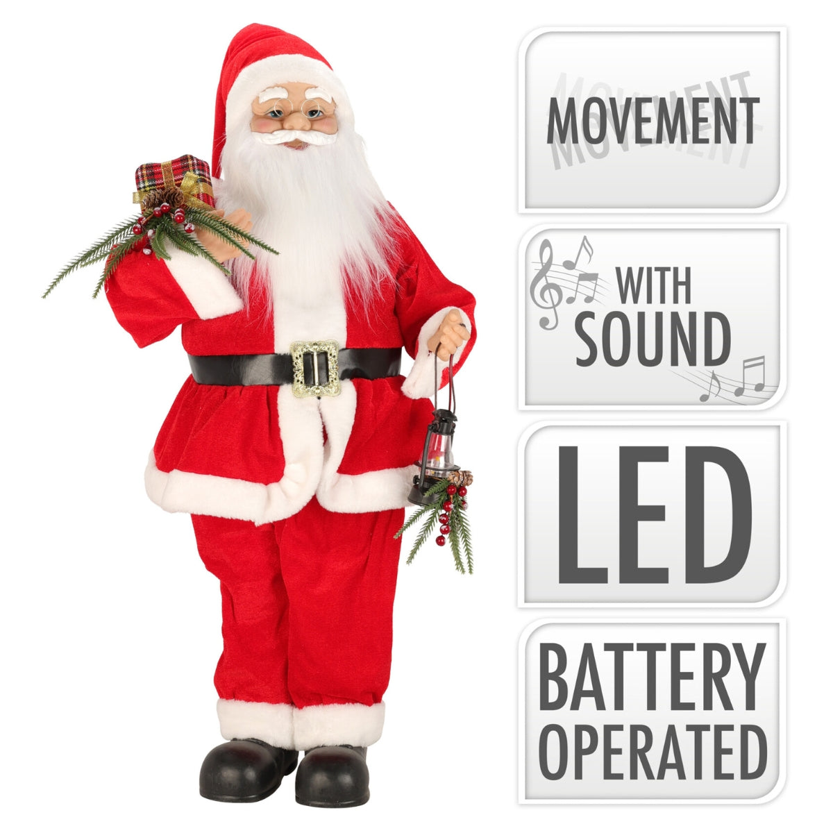 Decoratiune Mos Craciun luminoasa, animata si muzicala, 95 cm