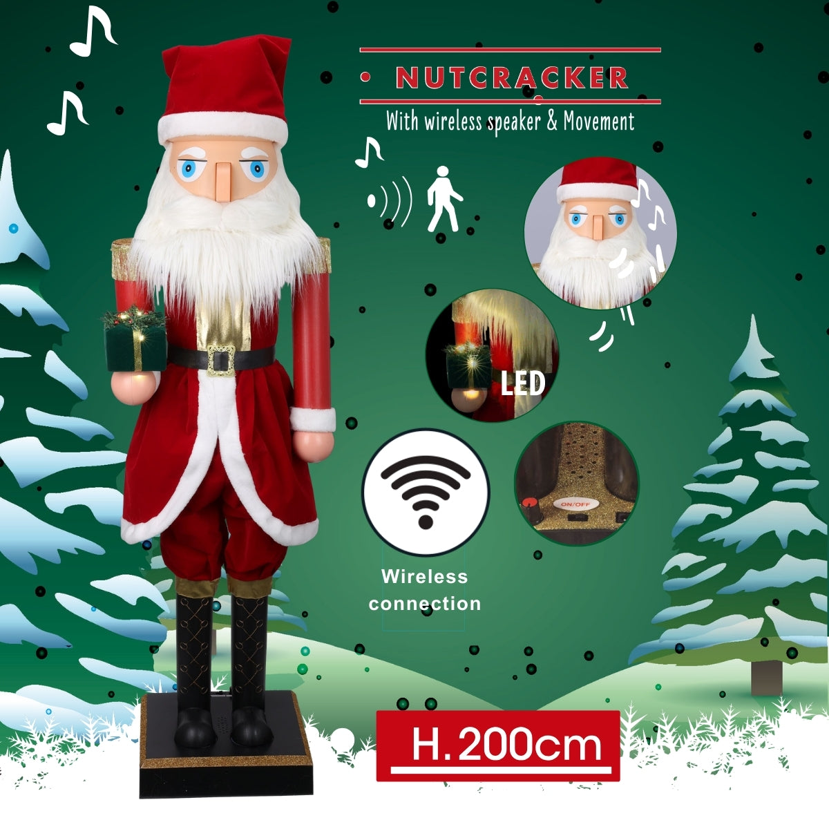 Spargator de nuci Mos Craciun, animat, muzical si iluminat cu leduri, 200 cm