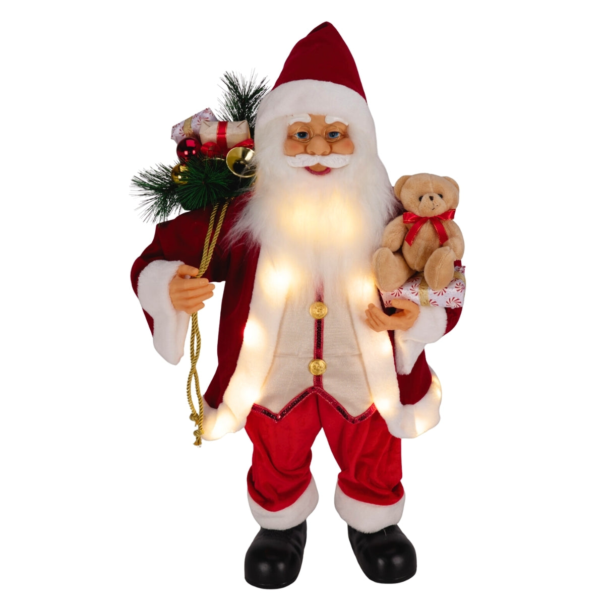 Decoratiune de Craciun reprezentand pe Mos Craciun in costum rosu cu iluminare LED si inaltime de 80 centimetri