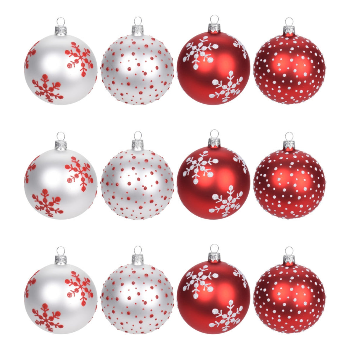 Set de douasprezece globuri de Craciun din sticla in culorile alb si rosu decorate cu fulgi de nea de opt centimetri