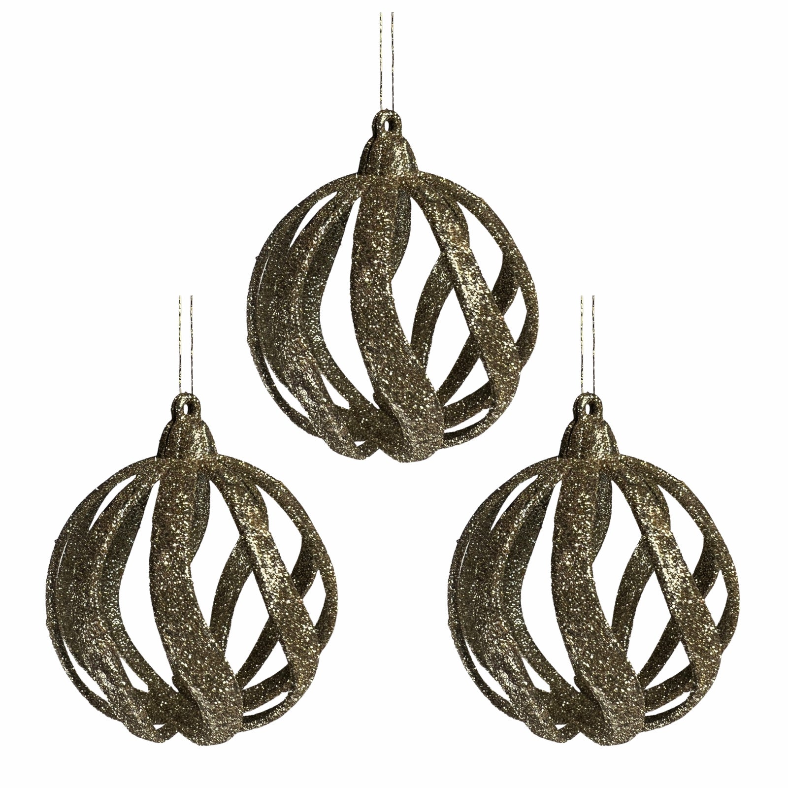 Set trei globuri rotunde de culoare auriu inchis acoperite cu sclipici stralucitor pentru decorarea bradului de Craciun