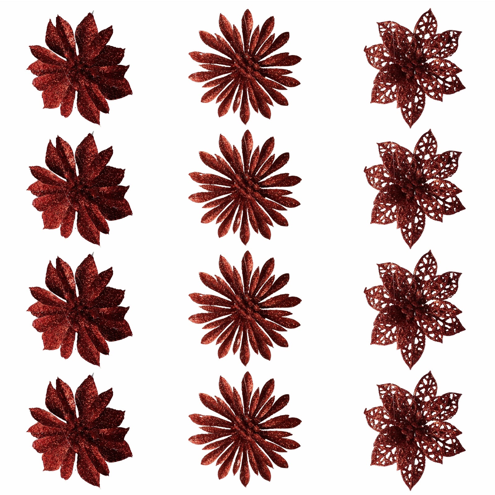 Set de douasprezece flori decorative rosii cu sclipici pentru impodobirea bradului de Craciun