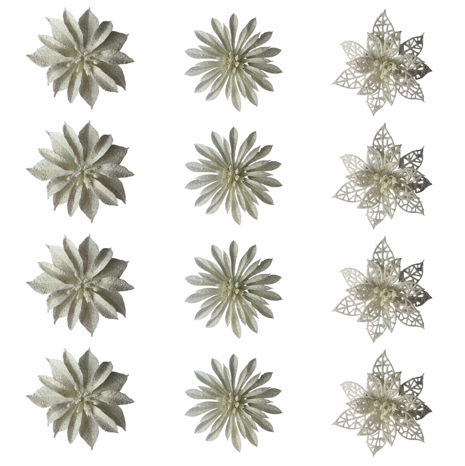 Set douasprezece decoratiuni pentru brad in forma de floare alba cu sclipici de opt centimetri