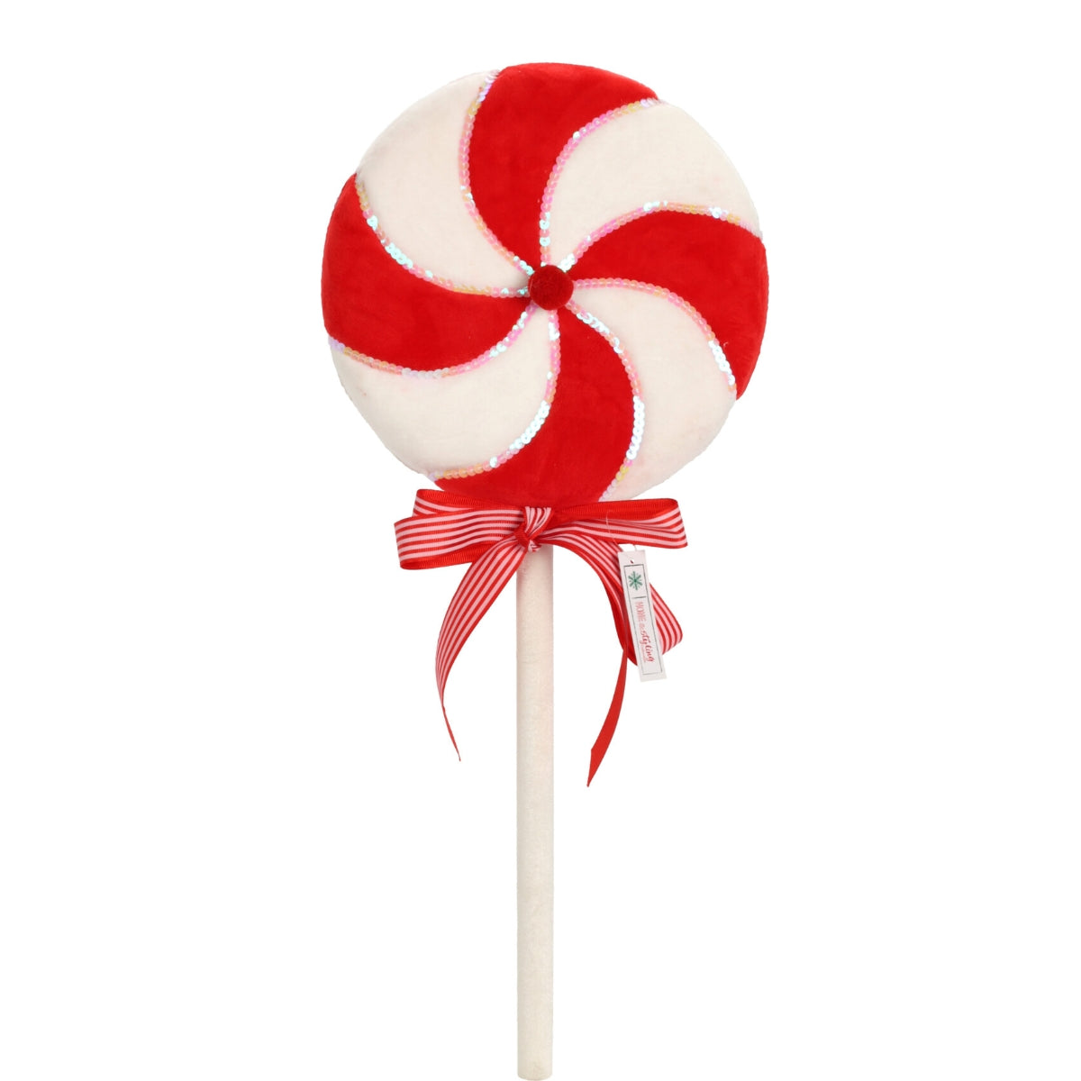 Decoratiune de Craciun de mari dimensiuni sub forma de acadea rosie cu alb si fundita pentru brad