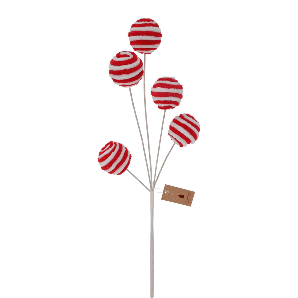 Decoratiune de Craciun cu cinci globuri textile montate pe bat cu lungimea de patruzeci si opt centimetri pentru aranjamente festive