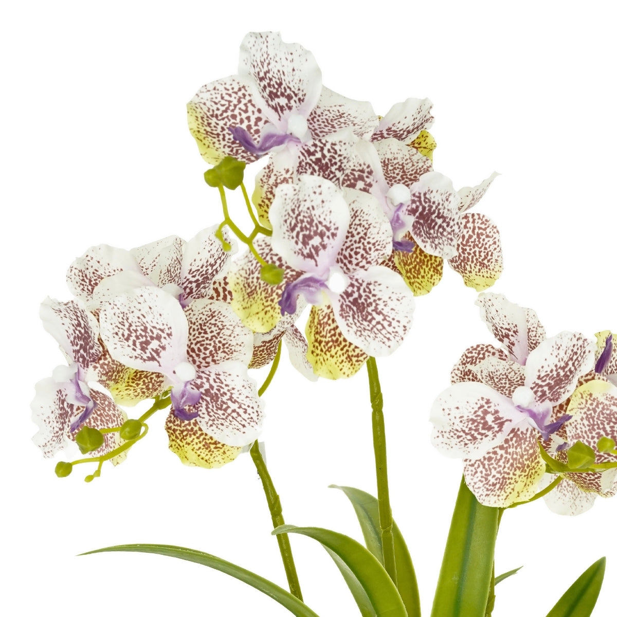 Orhidee artificiala Vanda alba-violet cu 3 fire, in vas de plastic, 50 cm