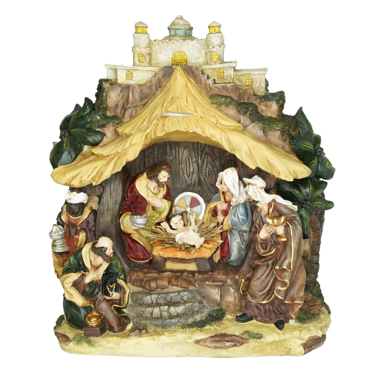 Decoratiune de Craciun reprezentand scena nativitatii realizata din polirasina cu iluminare LED de treizeci si sase centimetri
