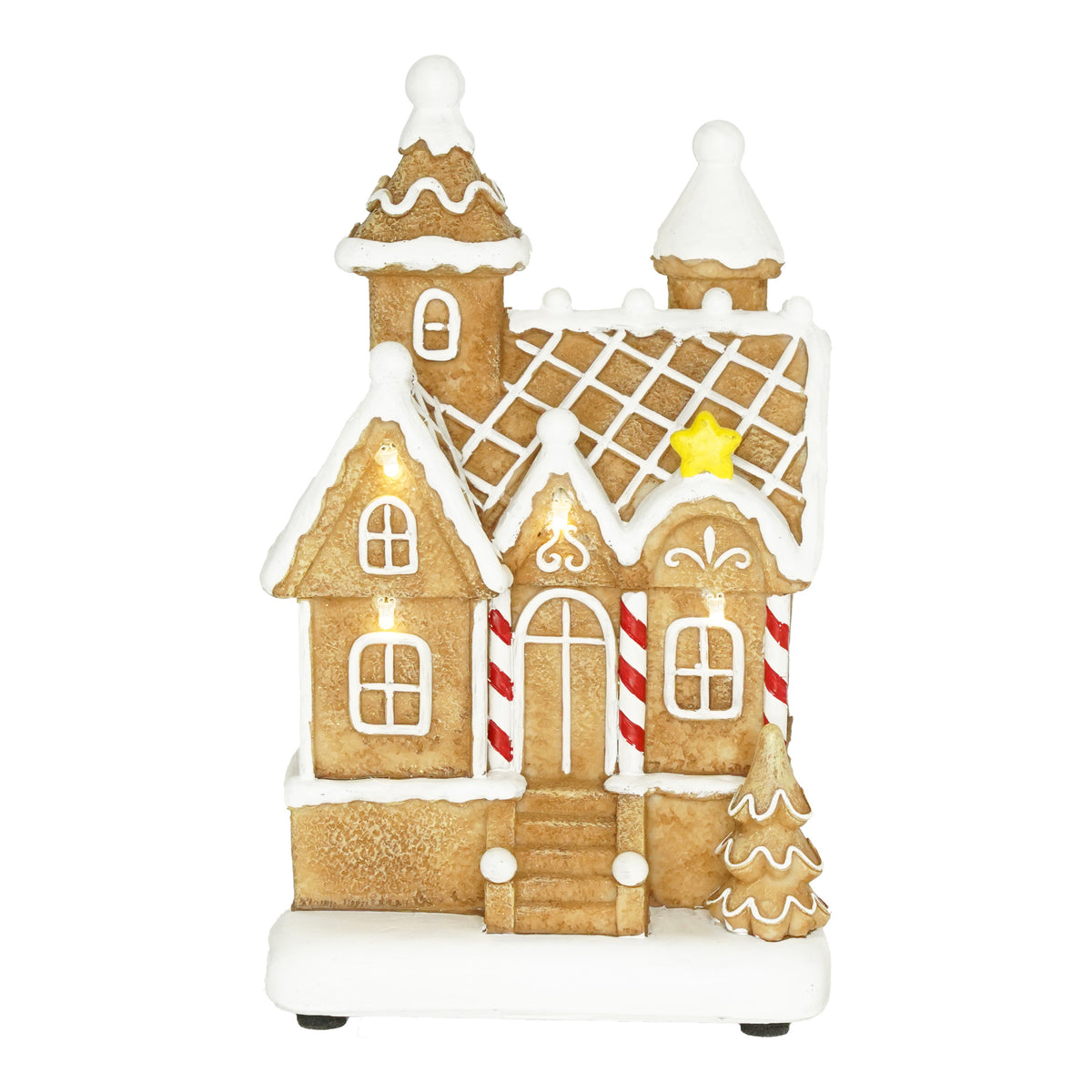 Decoratiune de Craciun in forma de casa de turta dulce cu lumini LED aprinse