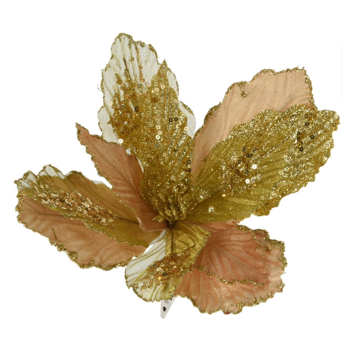 Decoratiune de Craciun in forma de floare artificiala aurie cu sclipici si clema de prindere