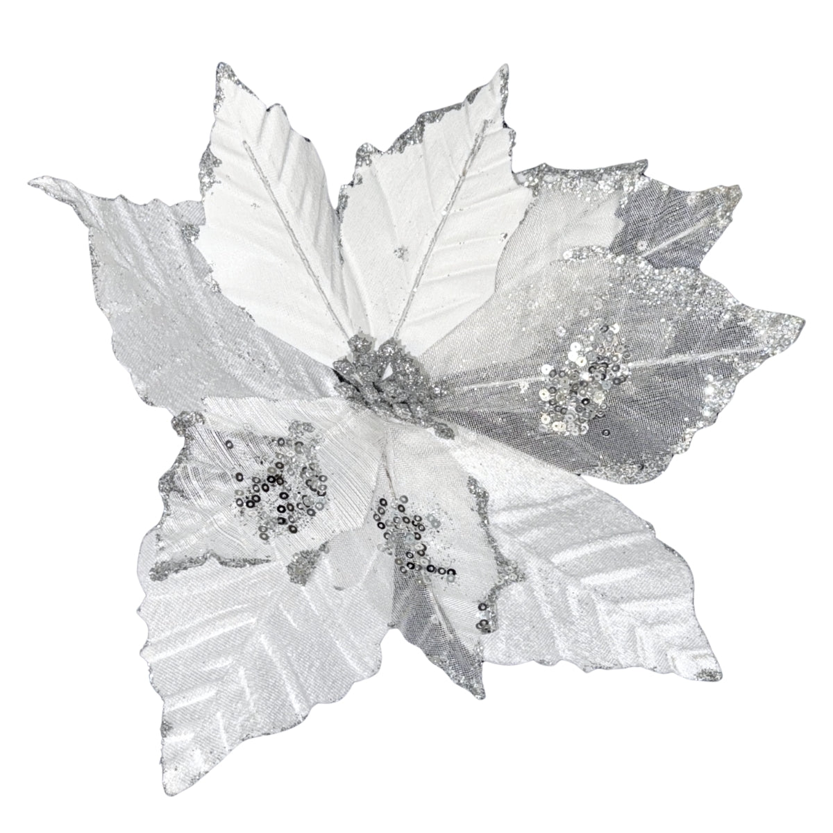 Decoratiune brad floare alba cu sclipici, cu clema, 28 cm