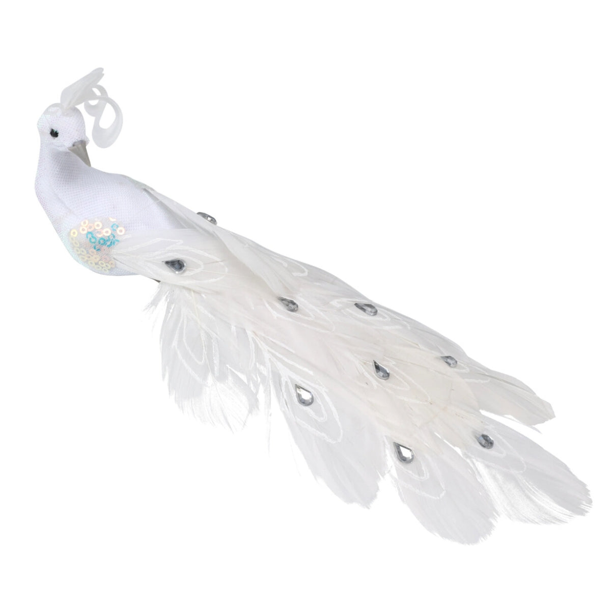 Decoratiune brad paun alb cu paiete albastre-mov, 24 cm