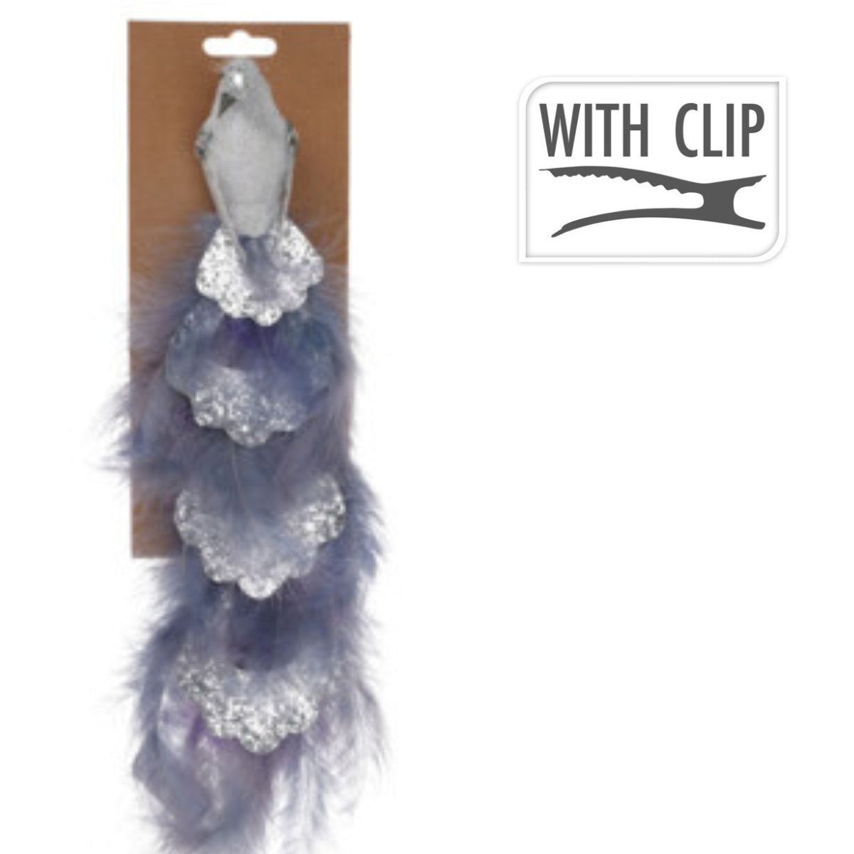 Decoratiune brad paun cu pene, sclipici si paiete, mov, 24 cm
