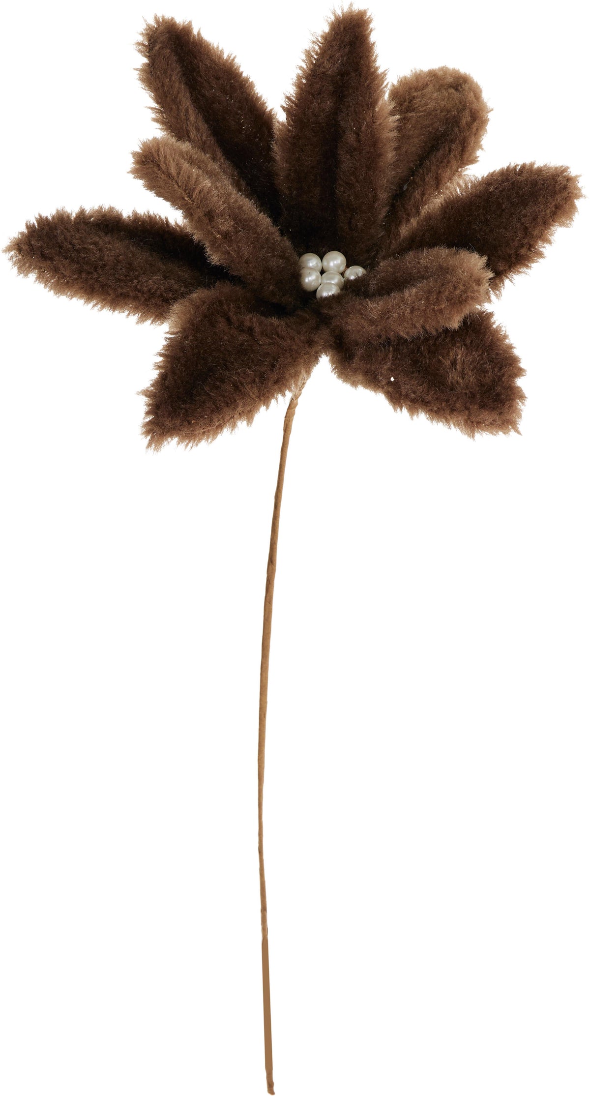 Floare decorativa de Craciun din plus maro cu perle centrale pentru brad