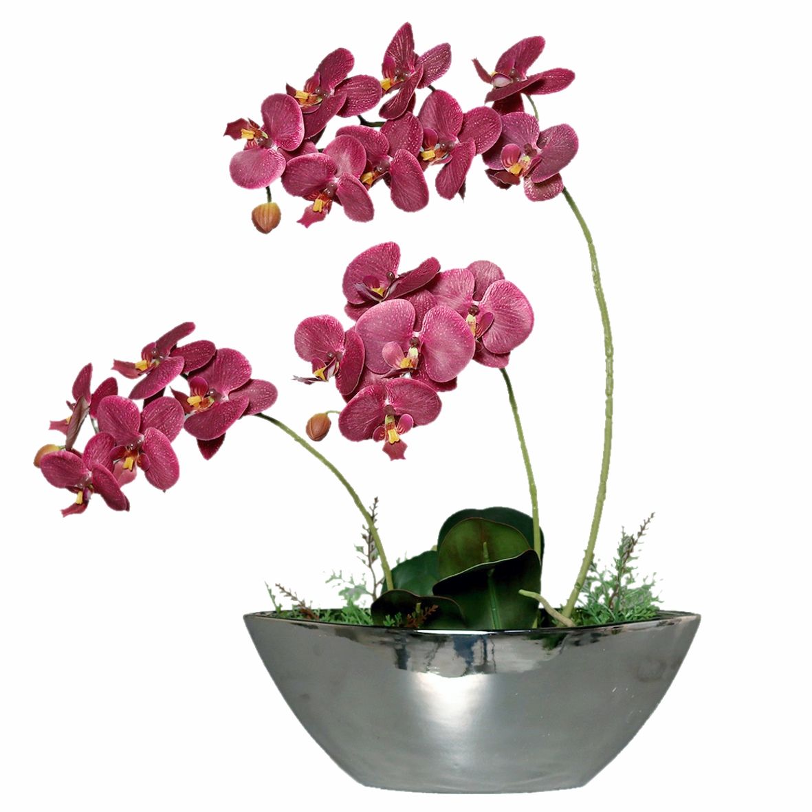 Orhidee Phalaenopsis burgundy artificiala in vas argintiu ceramic, 54 cm