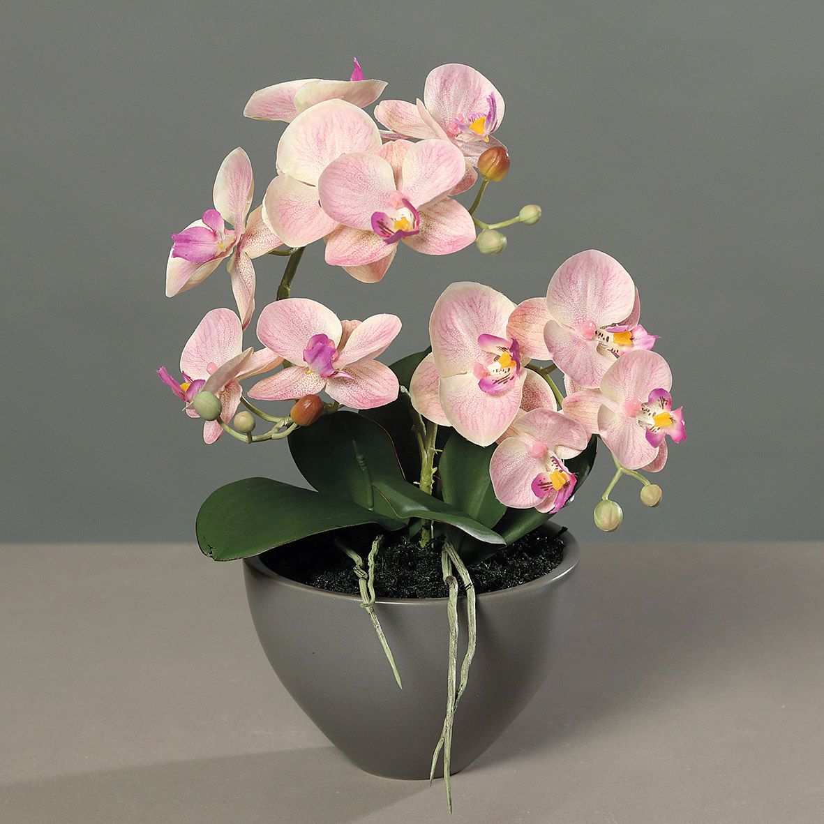 Orhidee artificiala Phalaenopsis roz deschis in vas ceramic, 35 cm