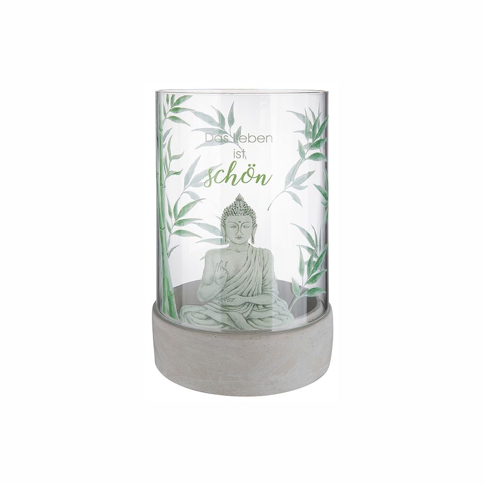Suport de lumanare din sticla cu imprimeu Buddha si mesaj inaltime douazecisicinci centimetri