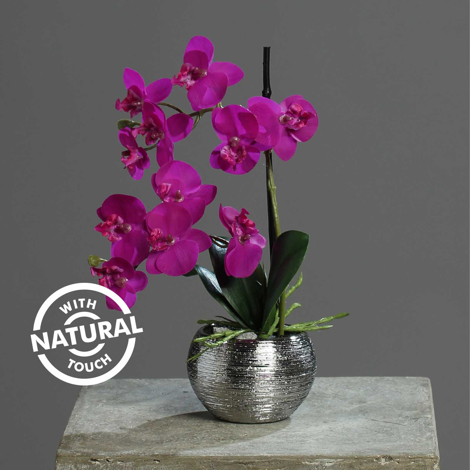 Orhidee artificiala Phalaenopsis mov cu aspect 100% natural in vas ceramic, 30 cm