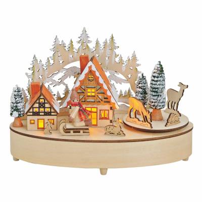 Scena de iarna din lemn cu leduri si muzica 21 cm