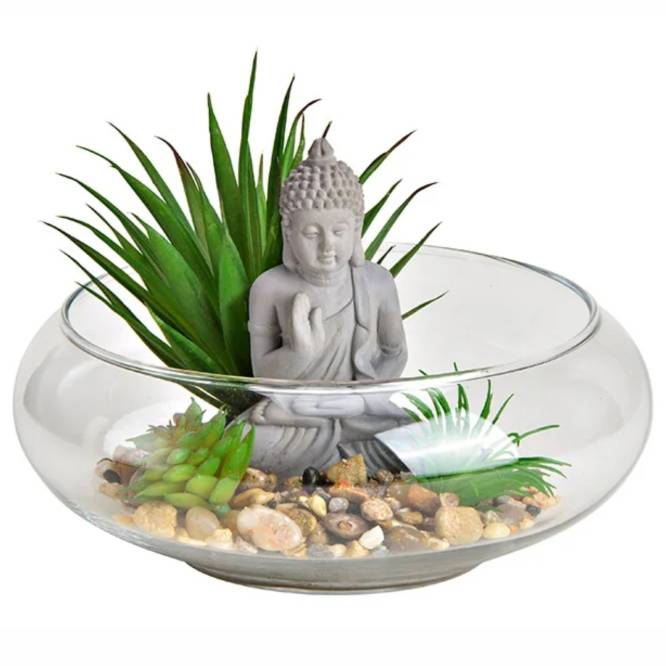 Figurina Buddha in bol de sticla cu plante artificiale 20 cm