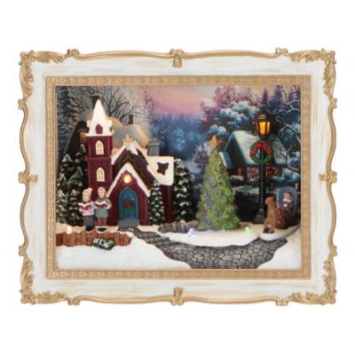 Decoratiune Craciun tablou animat, muzical, cu LED, decor de iarna, 24,5 x 19 cm