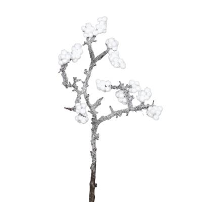 Decoratiune brad, crenguta cu bobite albe, cu aspect nins, 33 cm