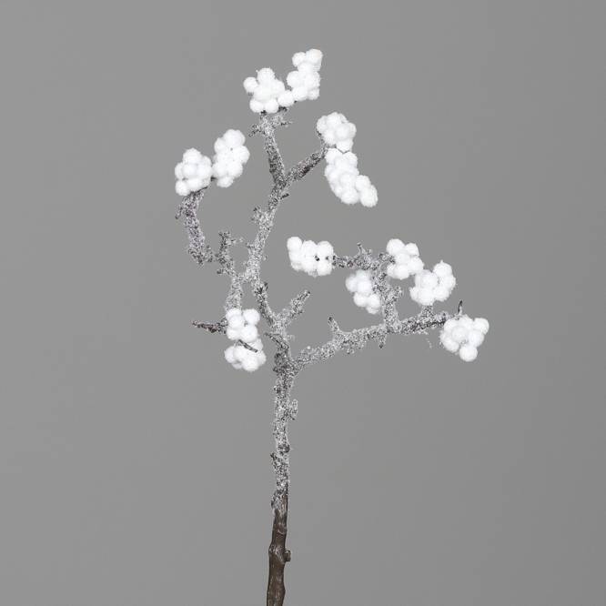 Decoratiune brad, crenguta cu bobite albe, cu aspect nins, 33 cm