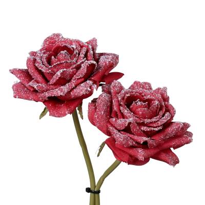 Decoratiune brad, set de 2 fire de trandafiri rosii, cu aspect nins, 19 cm