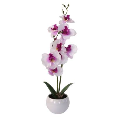 Orhidee artificiala alba si mov in vas ceramic alb 39 cm
